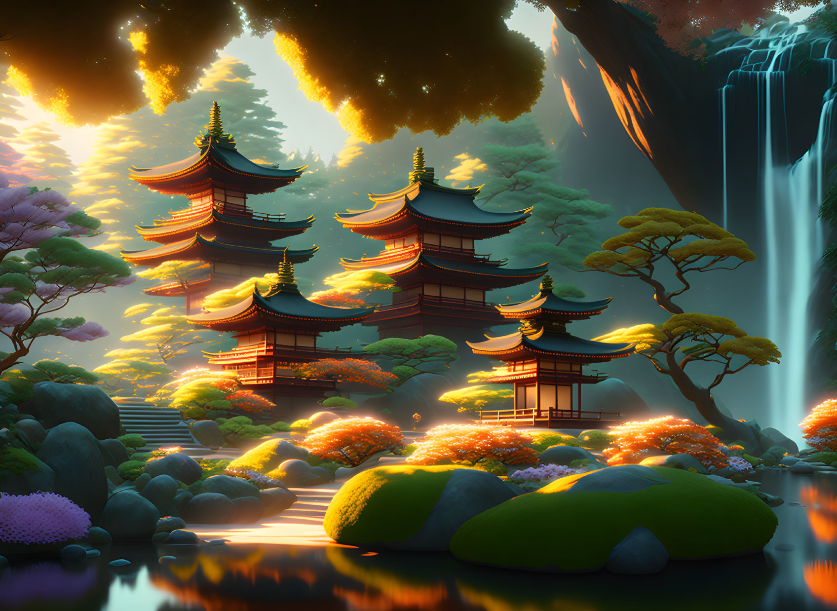 Tranquil Asian pagodas in lush fantasy landscape