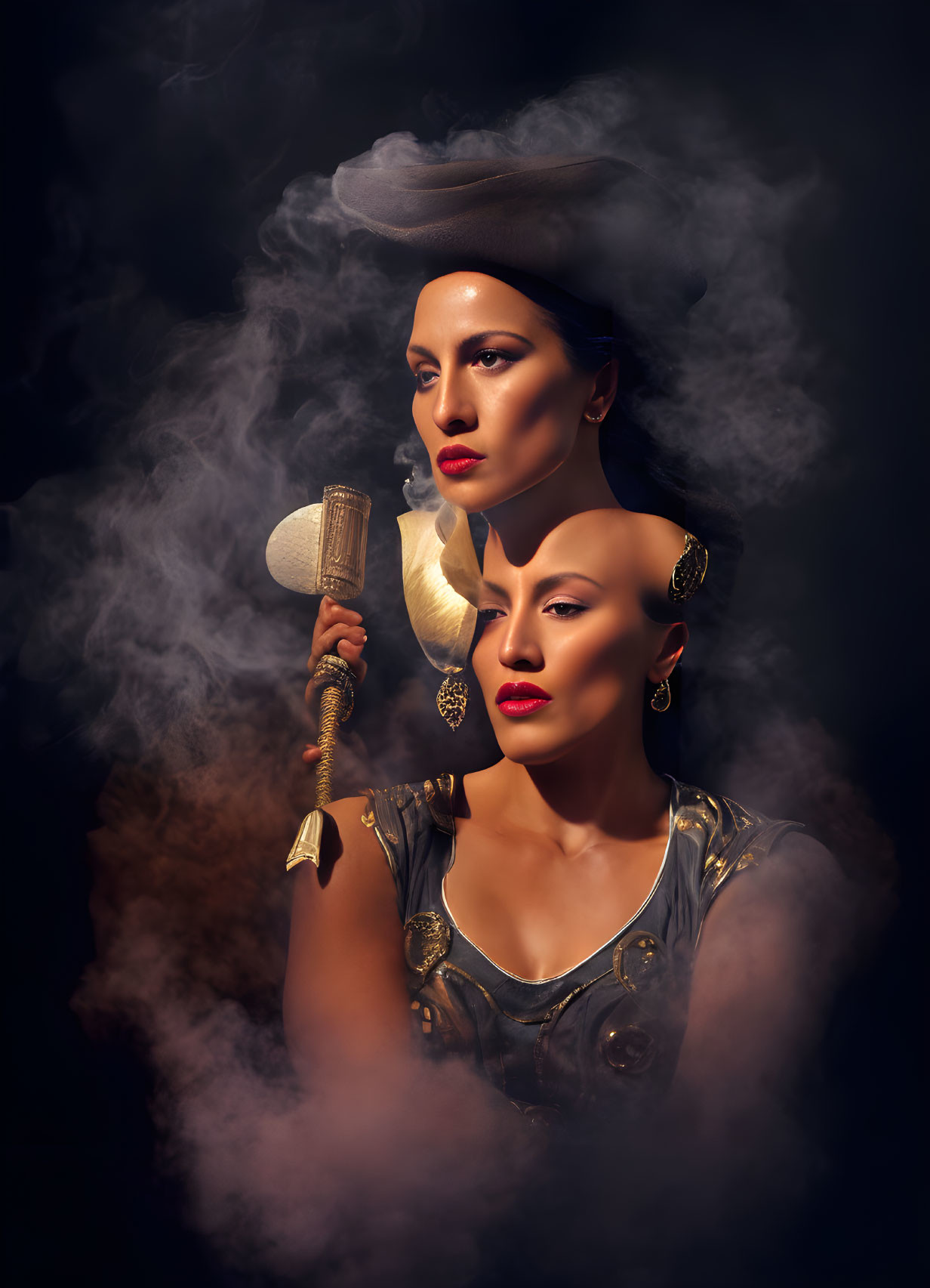 Stylized portrait of woman with vintage microphone in golden outfit and smoke