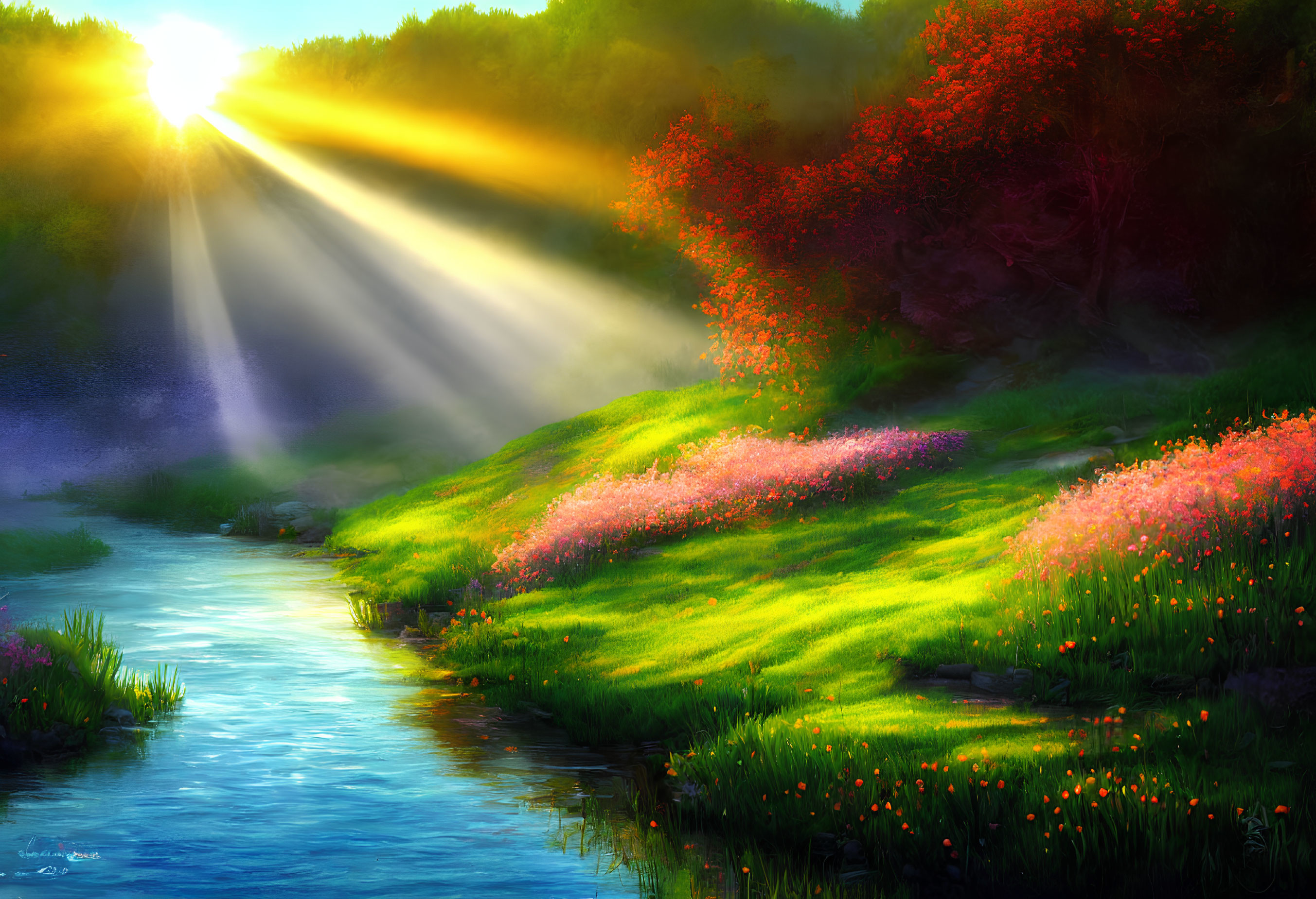 Scenic landscape with sunbeams, trees, meadow, and stream