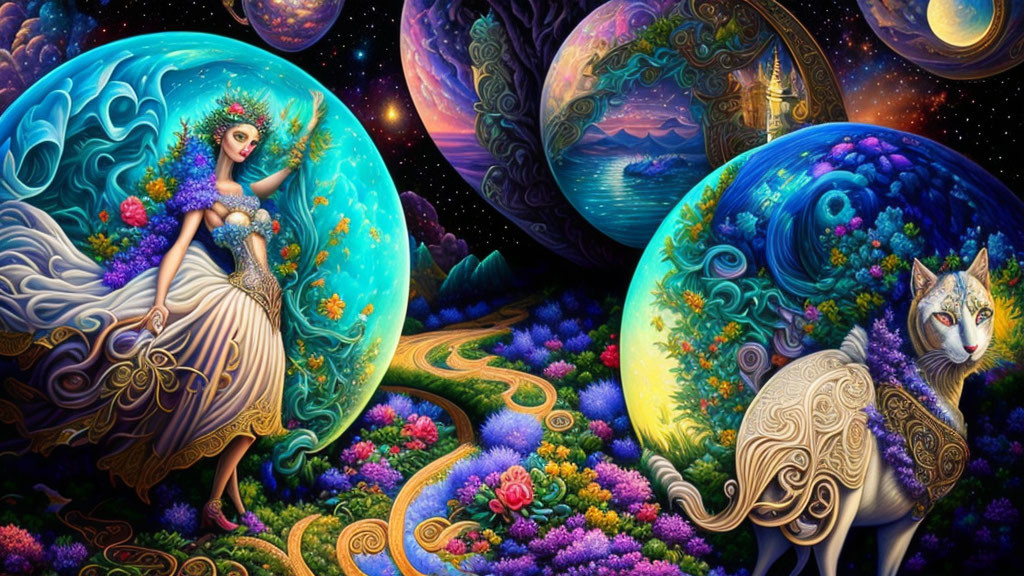 Fantasy artwork of woman in peacock gown with cat in mystical garden.