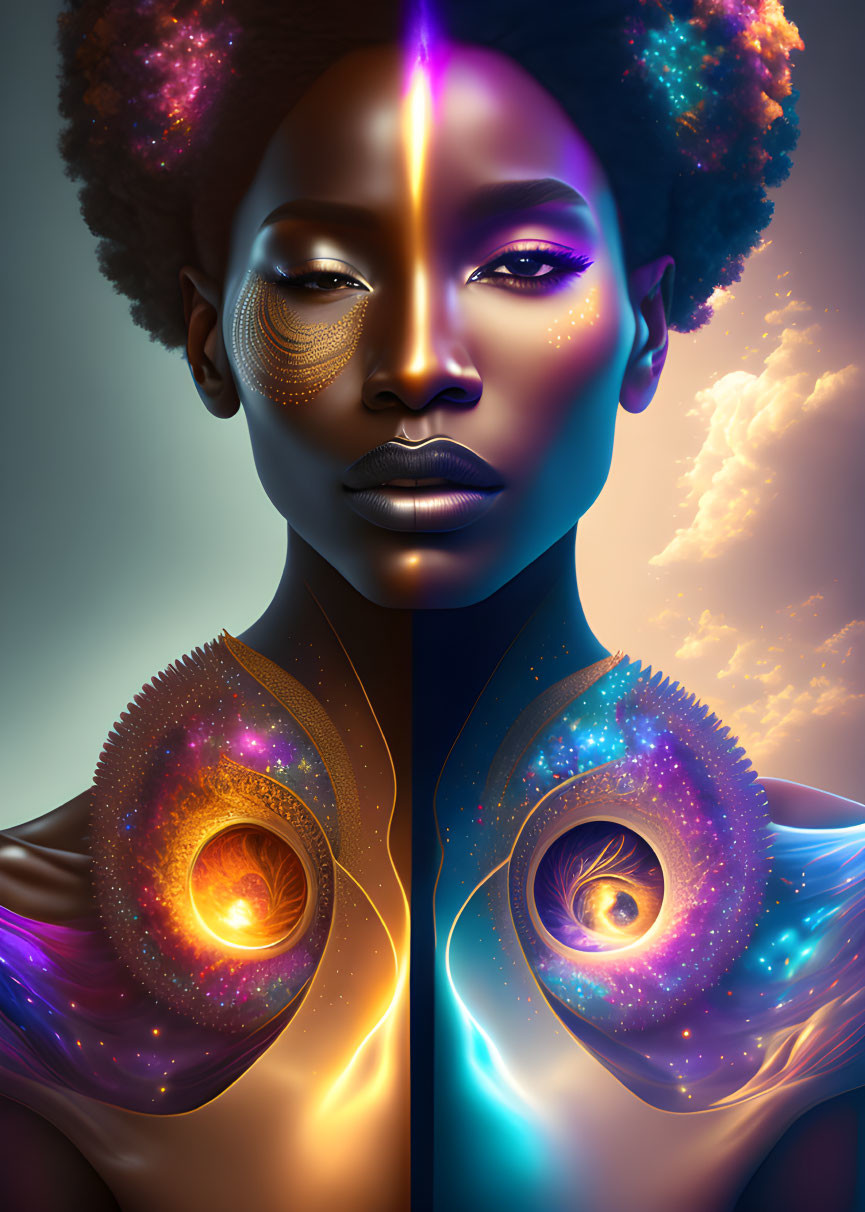 Cosmic-themed digital artwork of a woman with sparkling eyes and celestial body paint