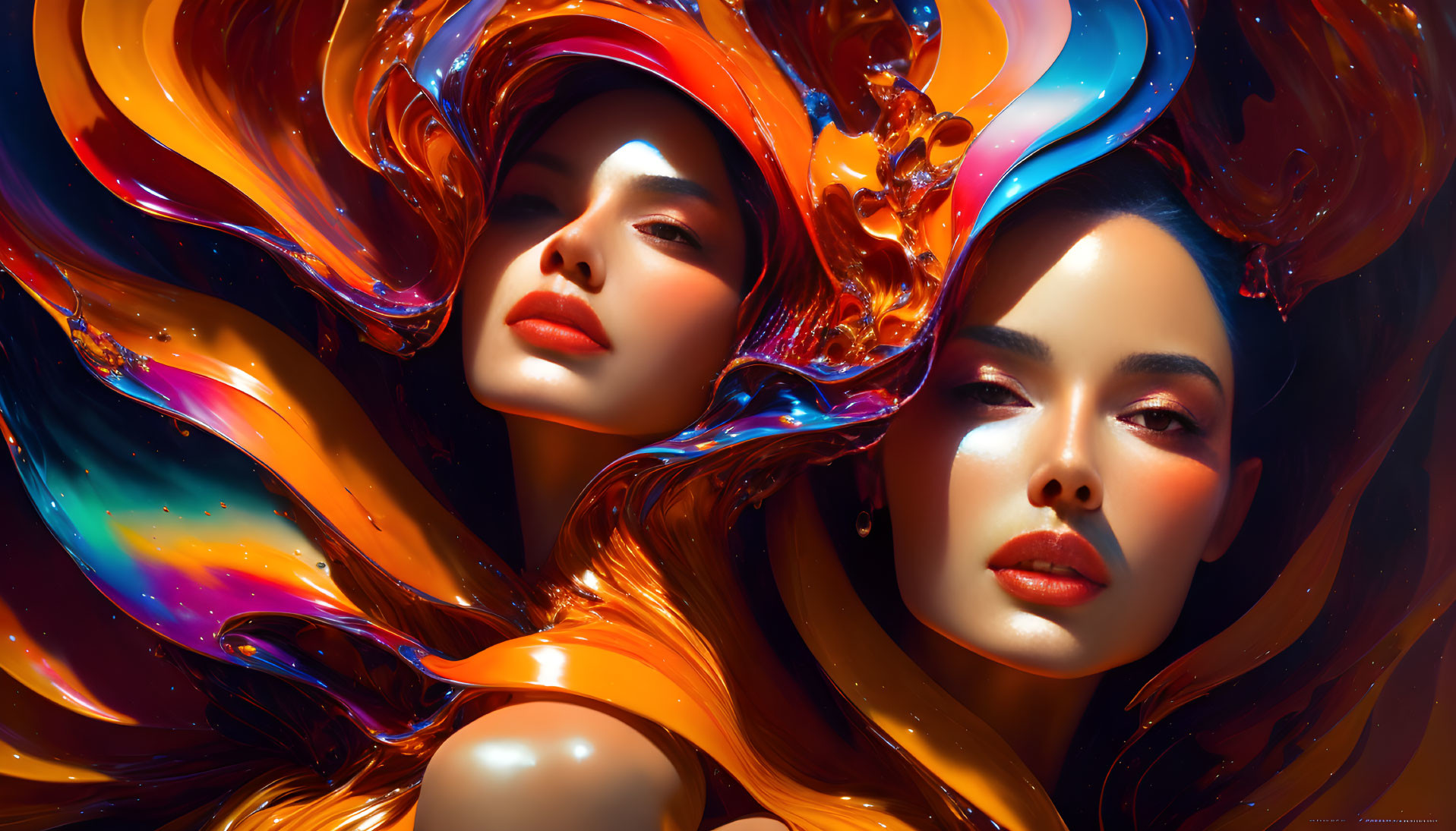 Colorful digital artwork: Two women with swirling hair-like forms in surreal setting