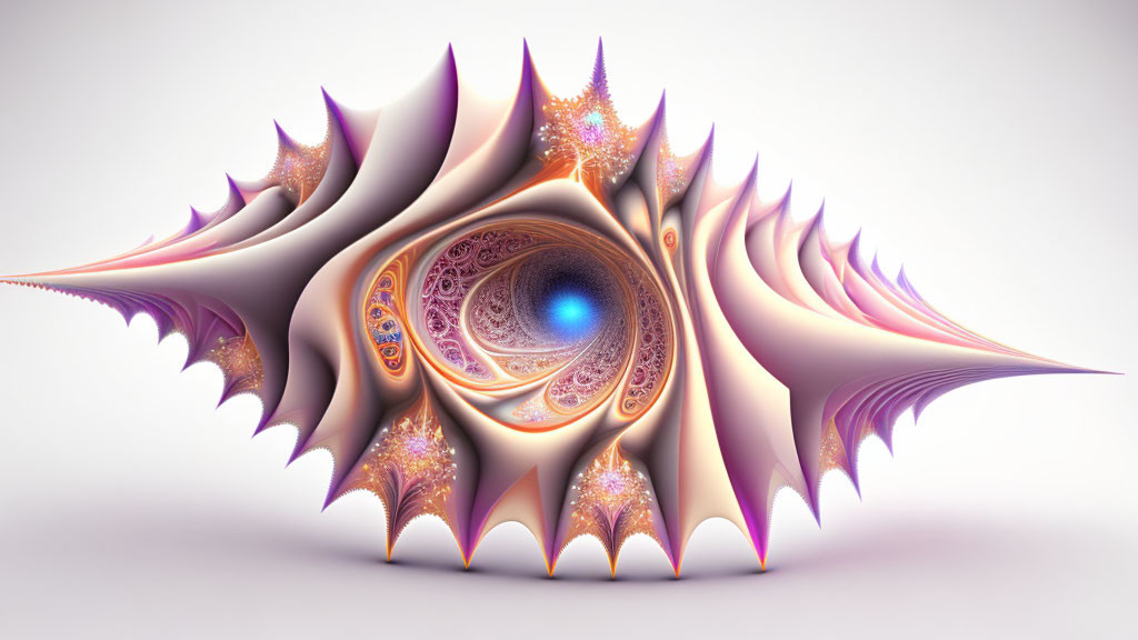 Fractal image with spiky, shell-like structures in purple and peach tones, featuring a blue