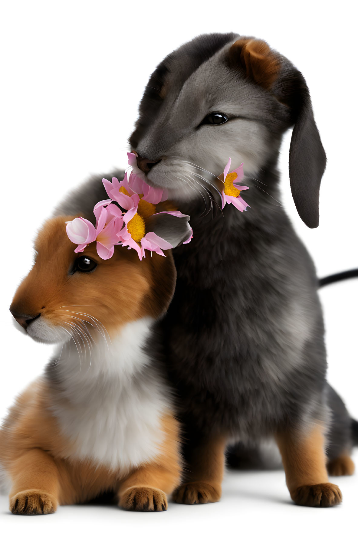 Brown and White Guinea Pig with Pink Flowers and Gray Bunny on White Background