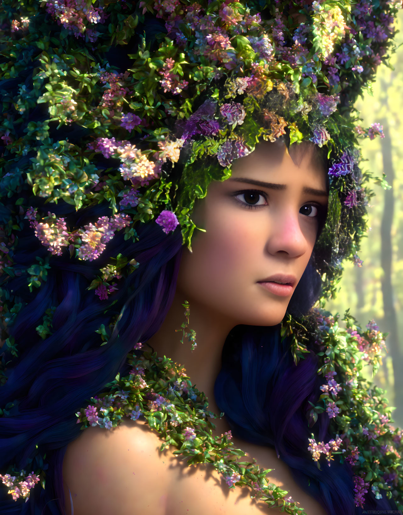 Woman with Floral Crown and Blue Hair in Sunlit Forest