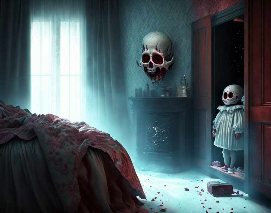 Eerie room with giant skull, skull-headed figure, and rose petals