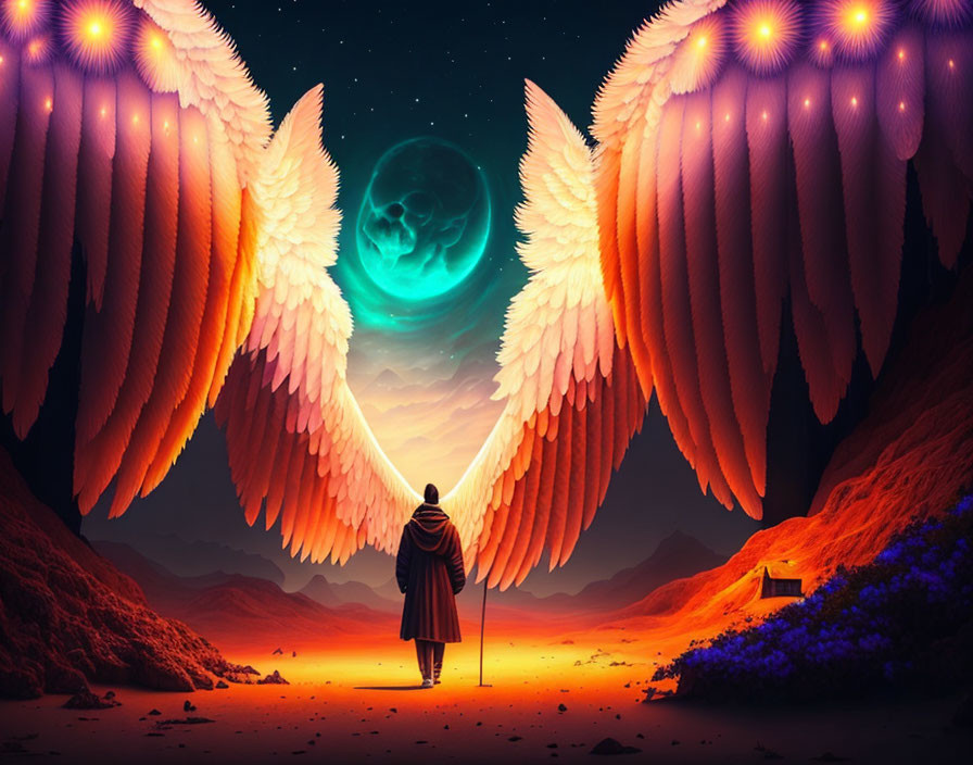 Person standing under giant glowing angel wings in surreal landscape.