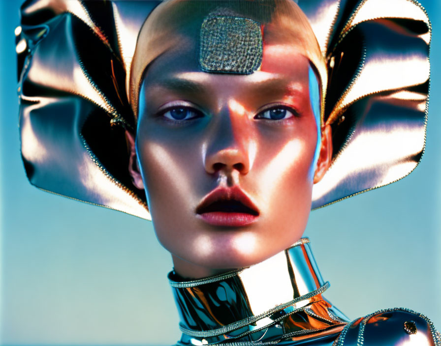 Futuristic portrait with metallic attire on blue background