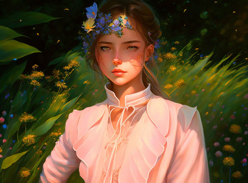 Digital artwork: Young woman with floral crown in lush greenery