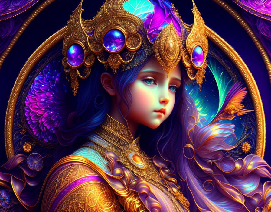 Fantasy female character with blue skin and golden headgear in vibrant colors