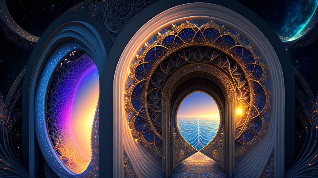 Fantasy Artwork: Ornate Circular Doorways to Celestial and Beach Scenes