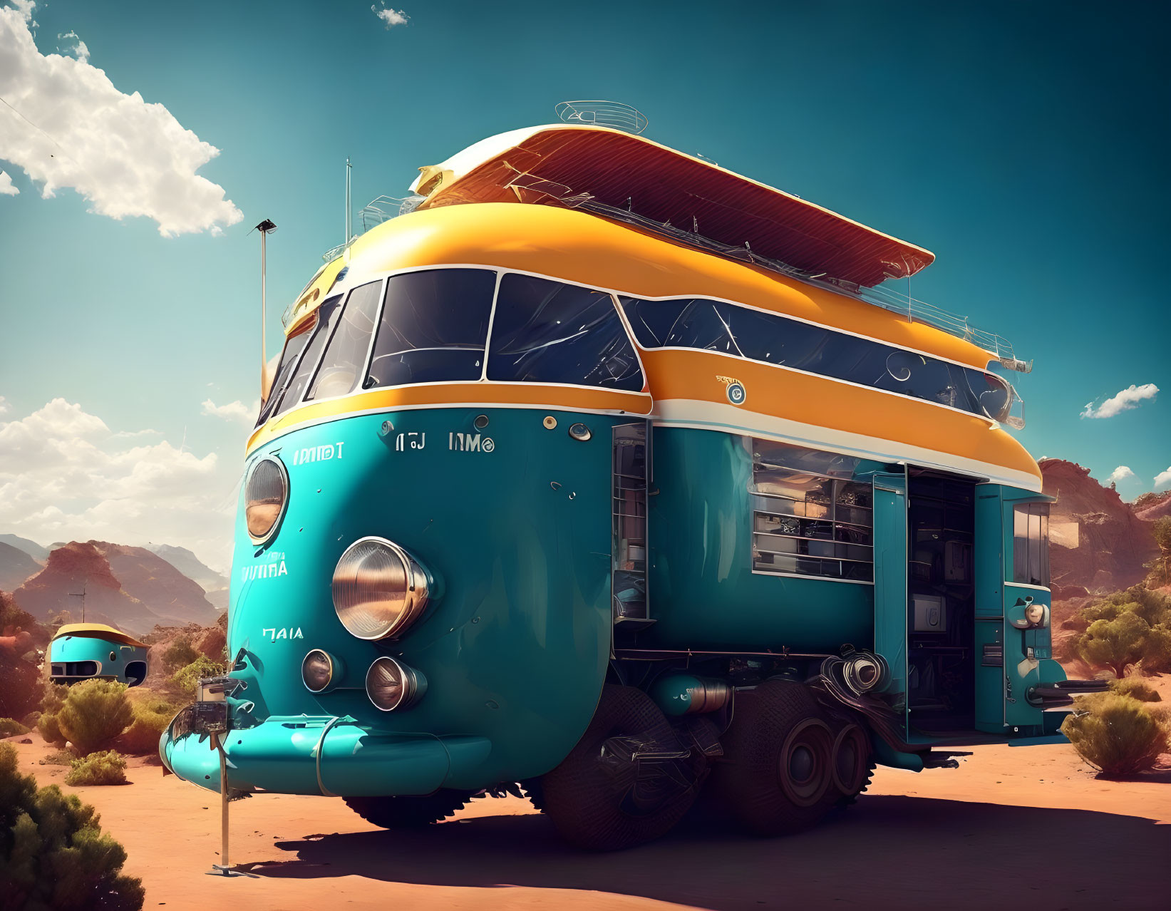 Sleek Retro-Futuristic Bus in Desert Setting