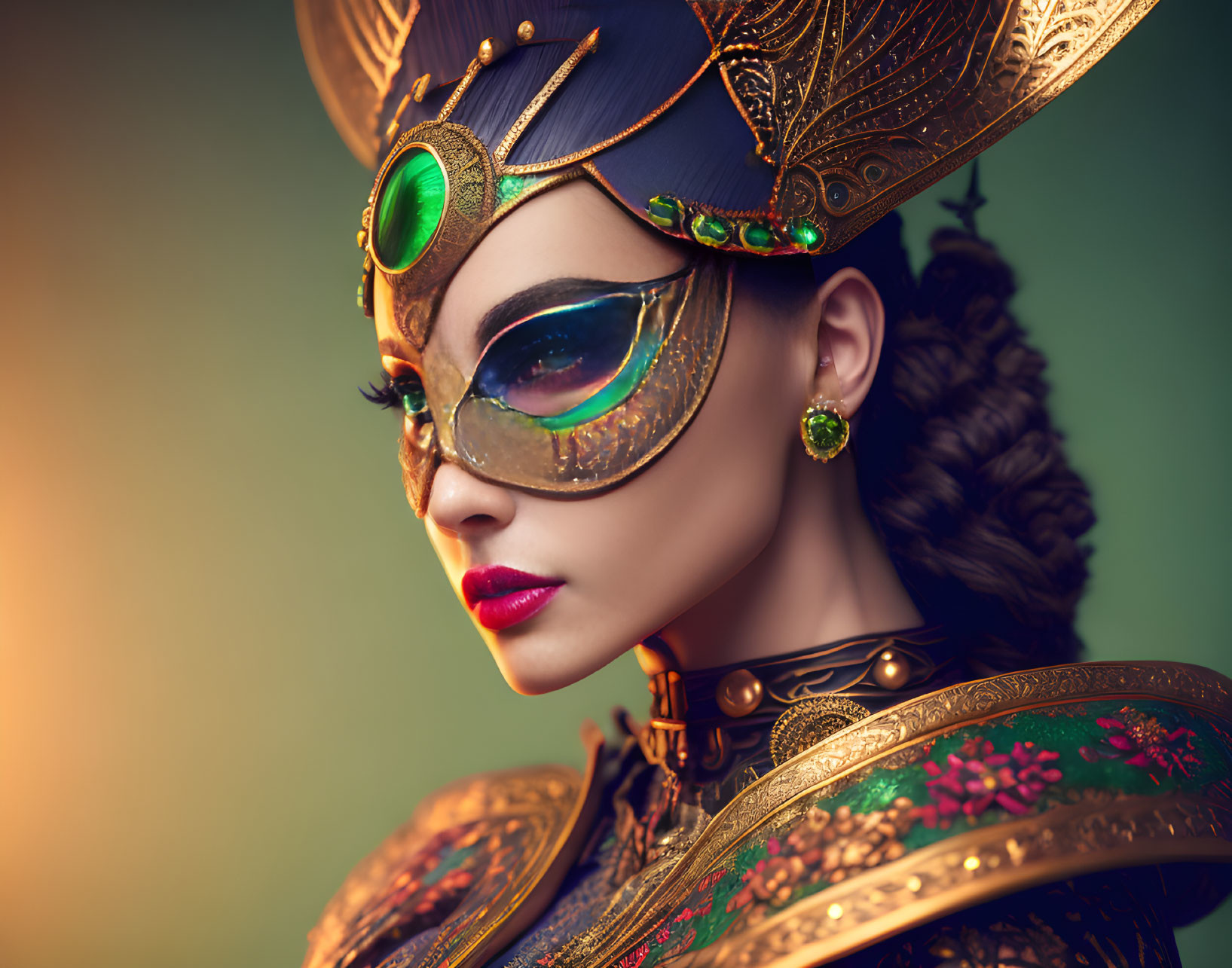 Elaborate braided hairstyle with ornate headdress and mask in gold and green colors