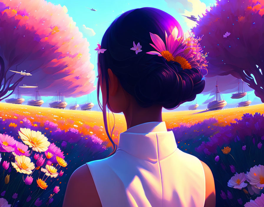 Woman with Flowers in Hair Enjoying Vibrant Landscape