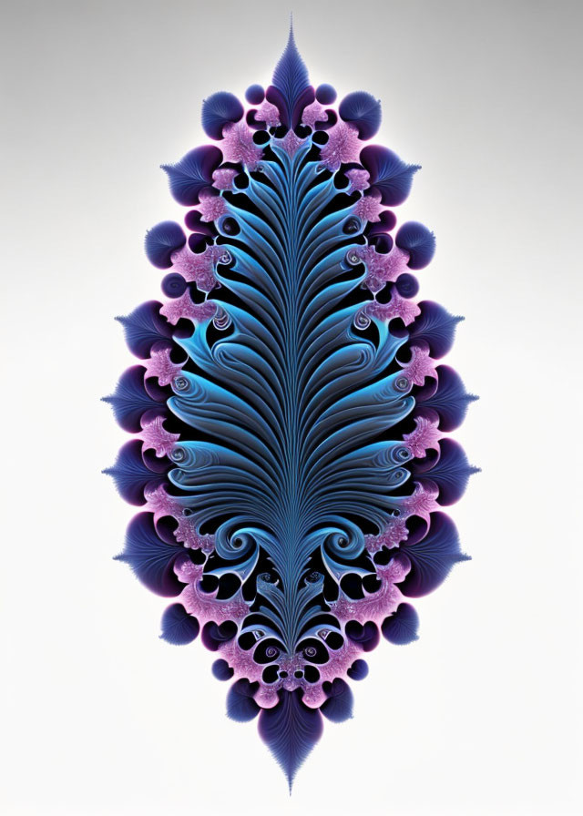 Symmetrical fractal leaf design with blue patterns and purple motifs