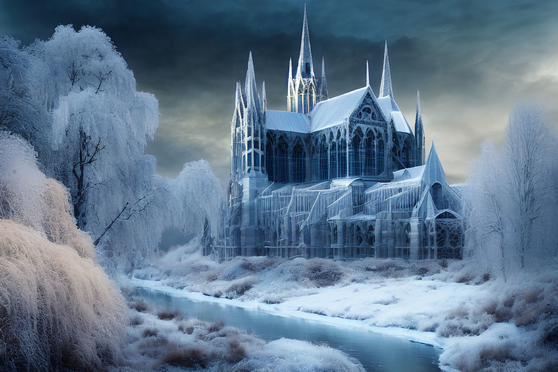 Gothic cathedral in frost-covered landscape with stream and snowy trees