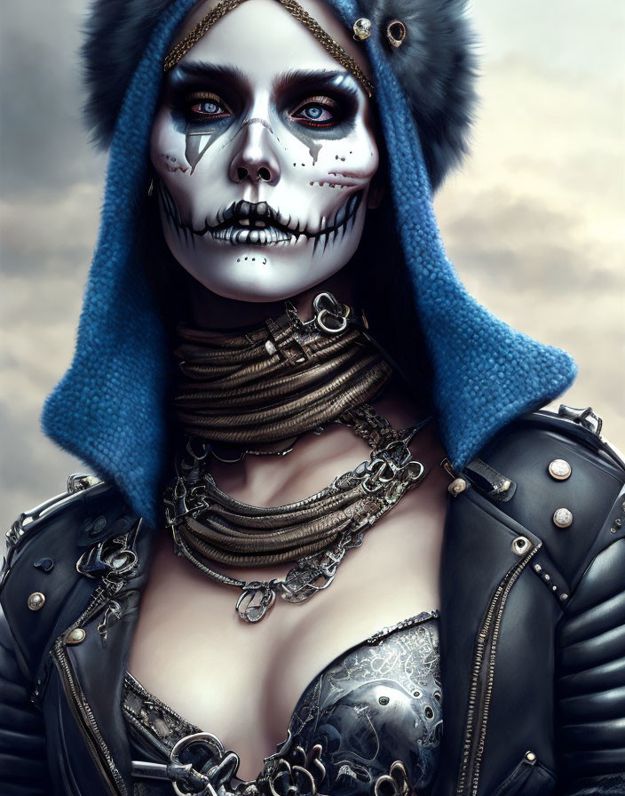 Skull makeup person in fur-trimmed hat with layered necklaces under blue sky