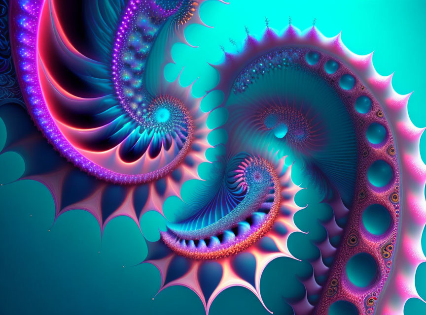 Colorful Fractal Art: Purple & Teal Spirals, Spiky Edges