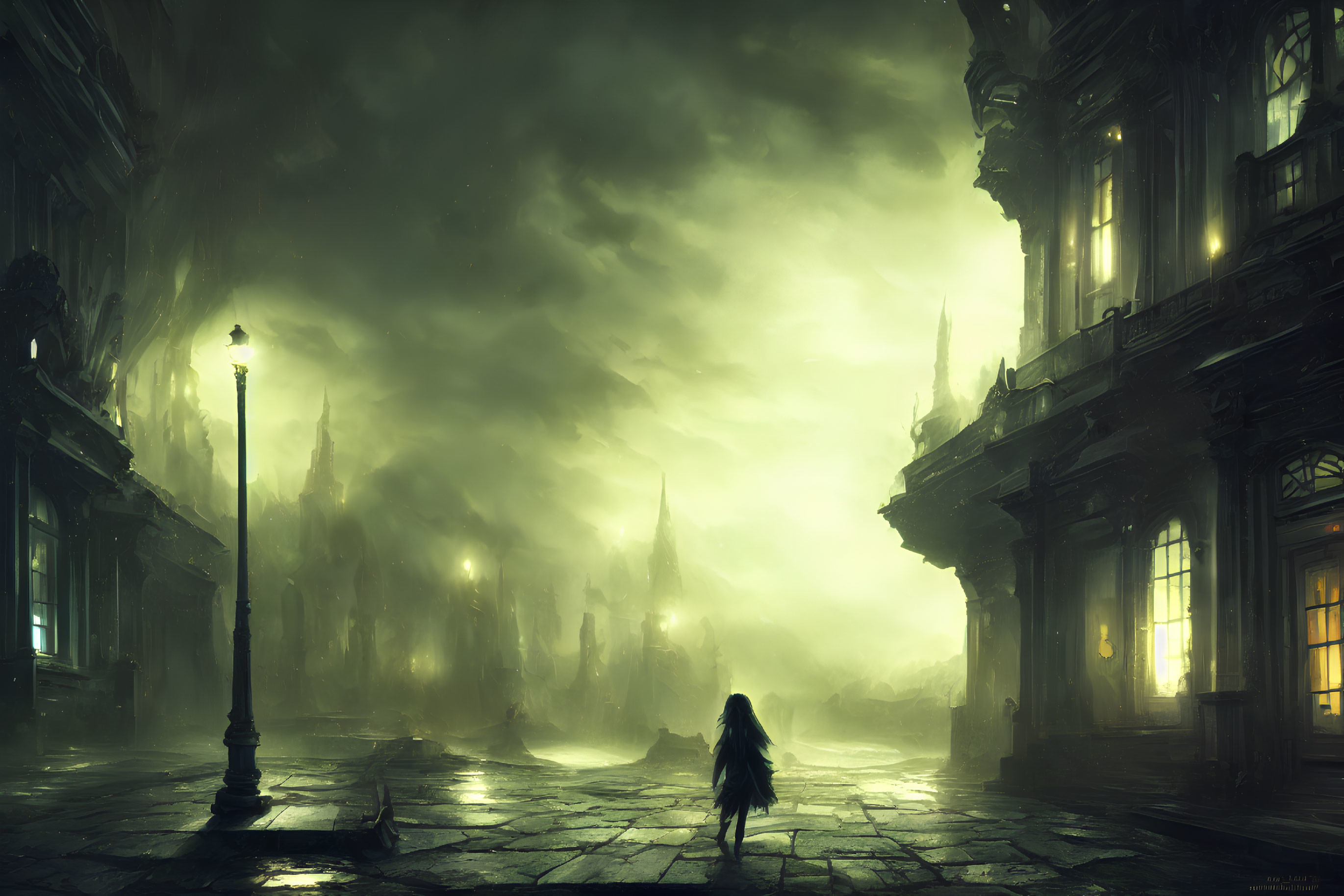 Lone figure on dimly lit cobblestone street with Gothic architecture under stormy sky