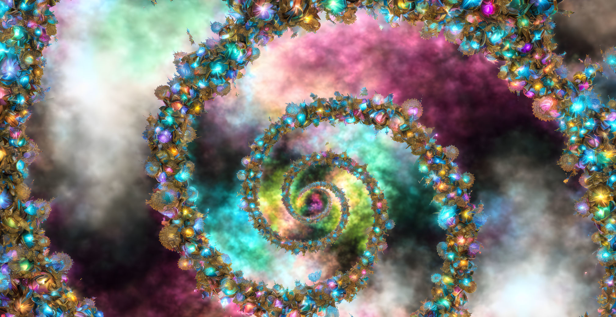 Colorful fractal spiral with blue, green, and purple hues on pink and gray backdrop