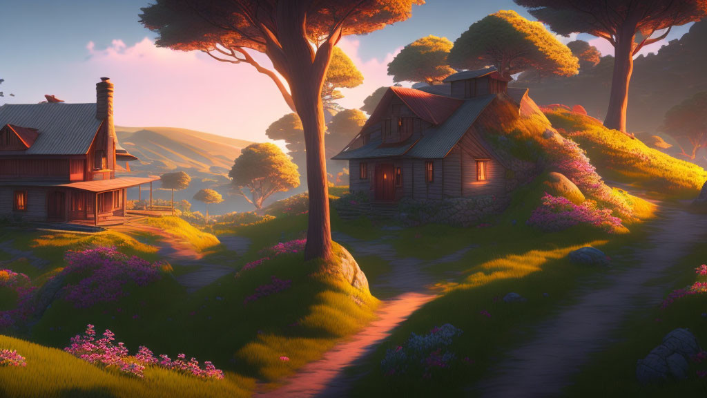 Tranquil sunset countryside with cozy houses, trees, and flowers