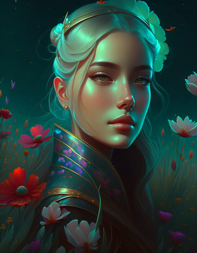 Illustrated portrait of young woman with elfin features, glowing flowers, leaf crown, and lumines