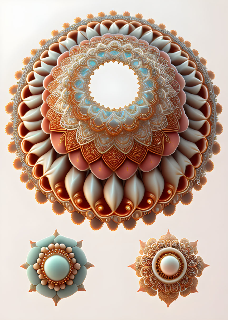 Intricate Digital Fractal Art: Layered Mandala Patterns in Orange, Cream, and Blue