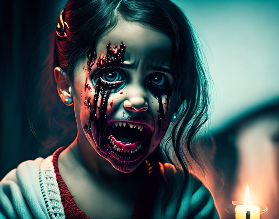 Young girl with zombie makeup holding candle for scary effect