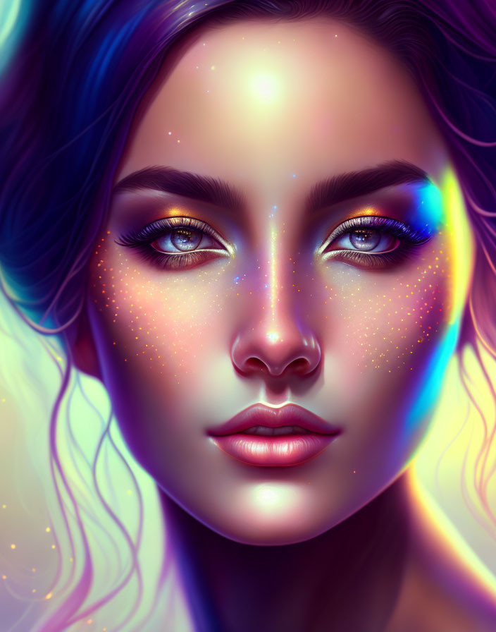 Vibrant digital portrait of woman with radiant skin and multicolored highlights