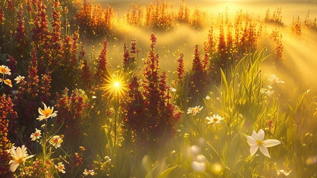 Sunlit Field of Wildflowers with Golden Sunbeams