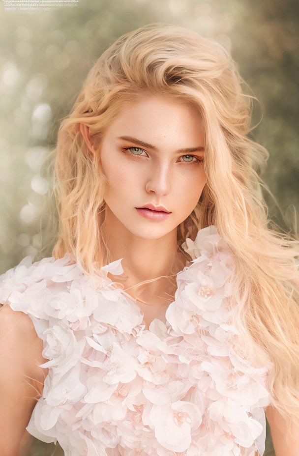 Blonde woman with green eyes in floral dress gazes at viewer