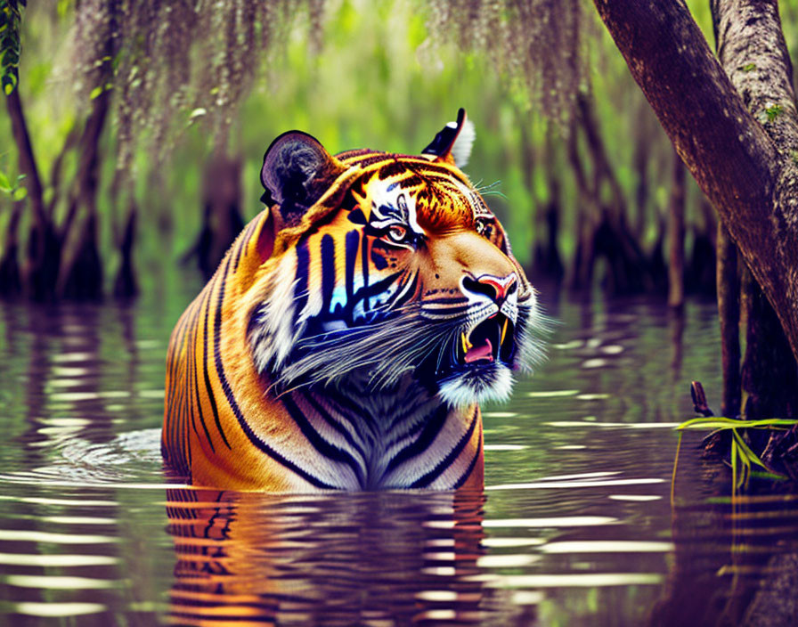 Majestic tiger with black and orange stripes in water with greenery