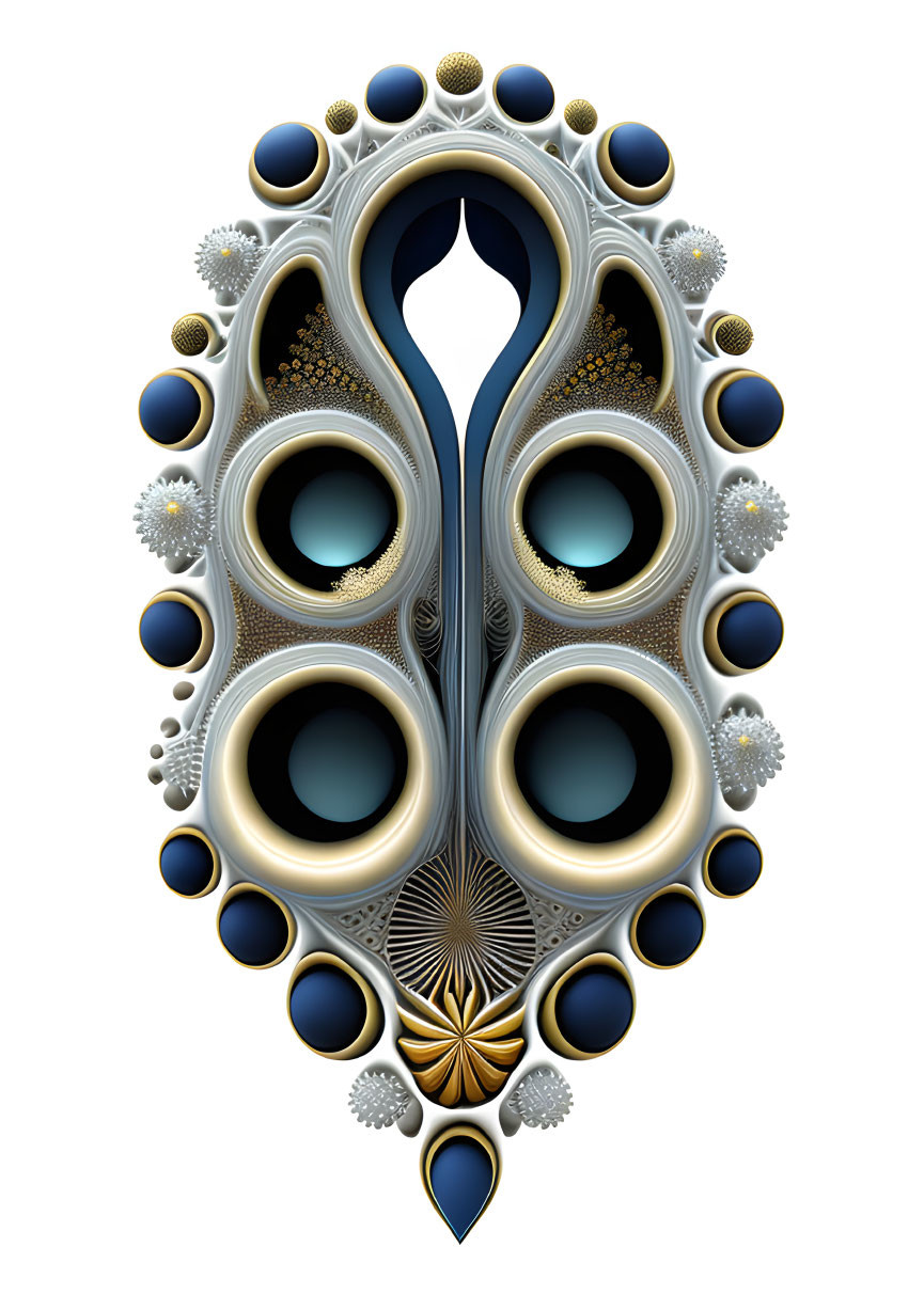 Symmetrical fractal art: Blue and gold spheres in twisted ribbon structures