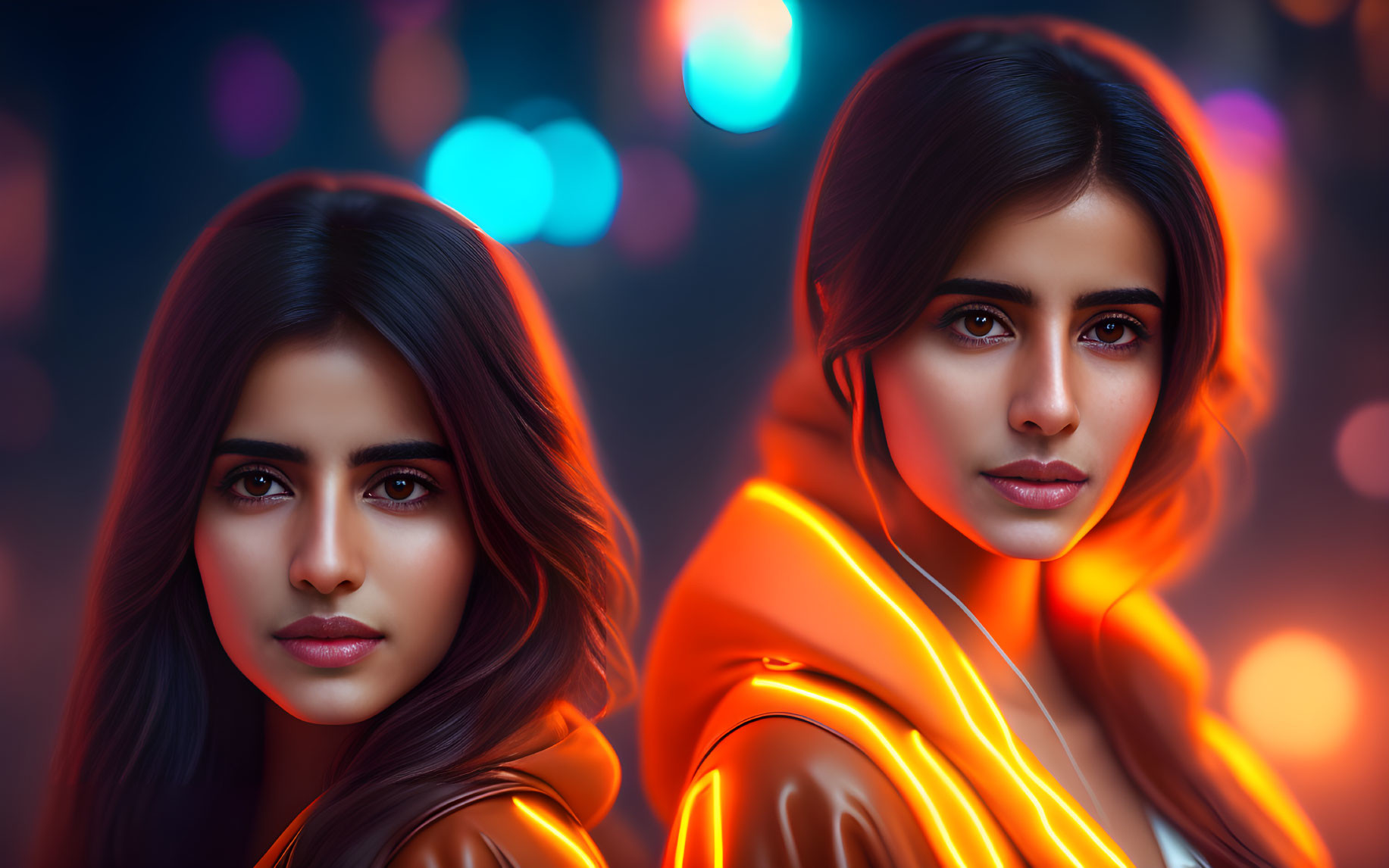 Two Women with Glowing Outlines in Colorful Bokeh Portrait