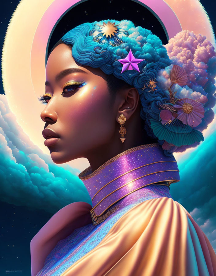 Woman with cosmic-themed halo and starry blue hair in surreal portrait