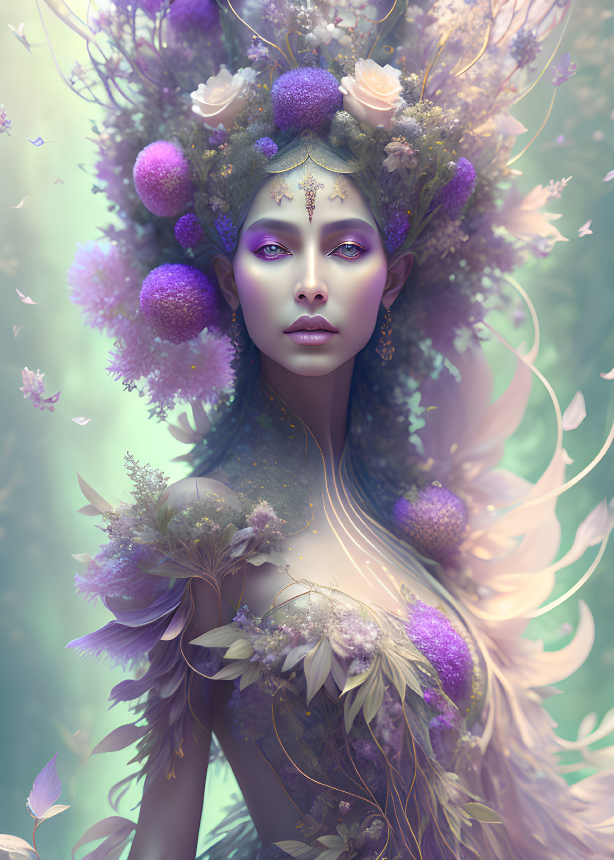 Purple-eyed female figure in floral headdress exudes mystical aura in green haze