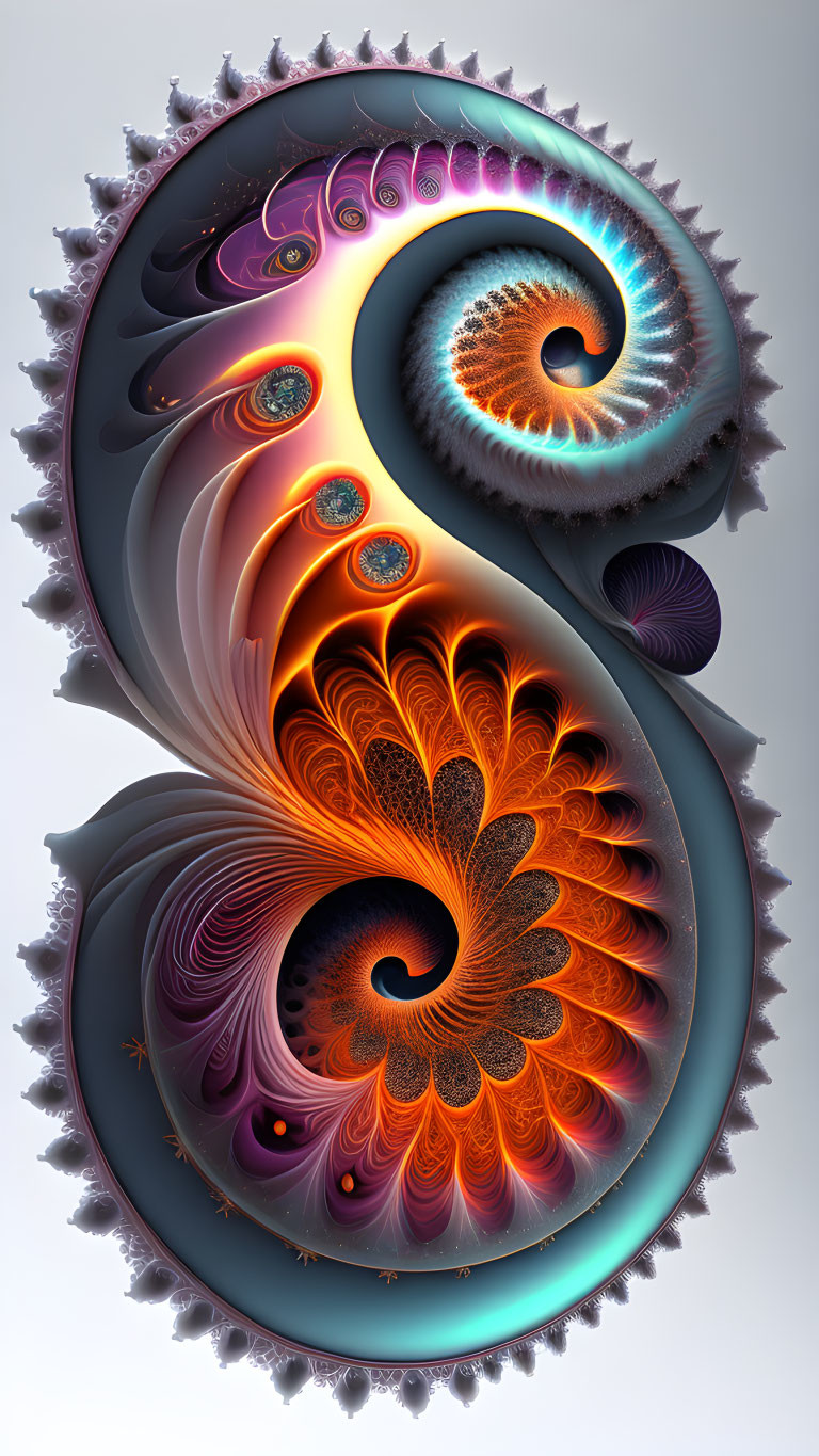 Detailed digital fractal art: Yin-yang symbol in orange and purple hues with spiral patterns