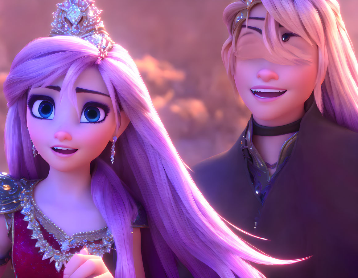 Animated characters with purple and blonde hair smiling against pink sunset.