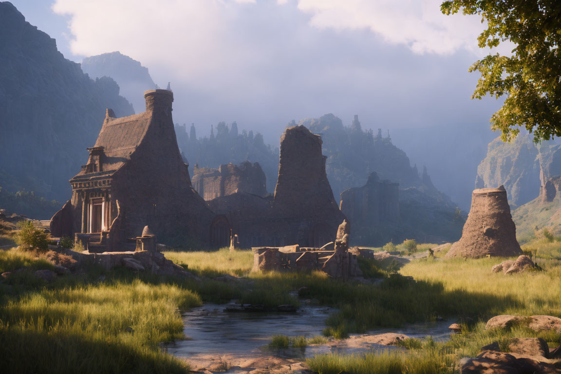 Ruined medieval structures in lush green landscape with stream and mist-covered mountains