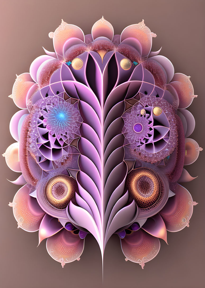 Symmetrical purple and pink digital artwork with leaf-like patterns