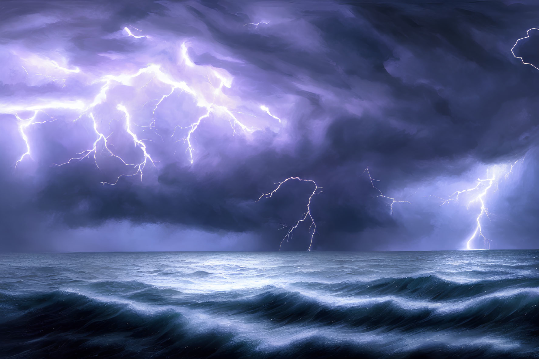 Nighttime Seascape with Lightning Strikes and Stormy Ocean Waves