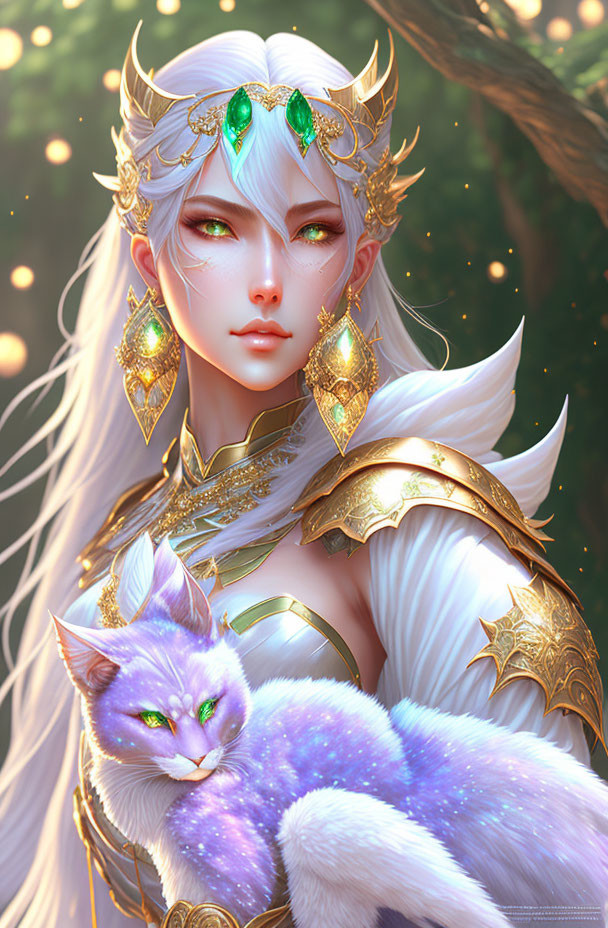 Fantasy illustration of white-haired elf woman in golden armor with mystical white and purple cat