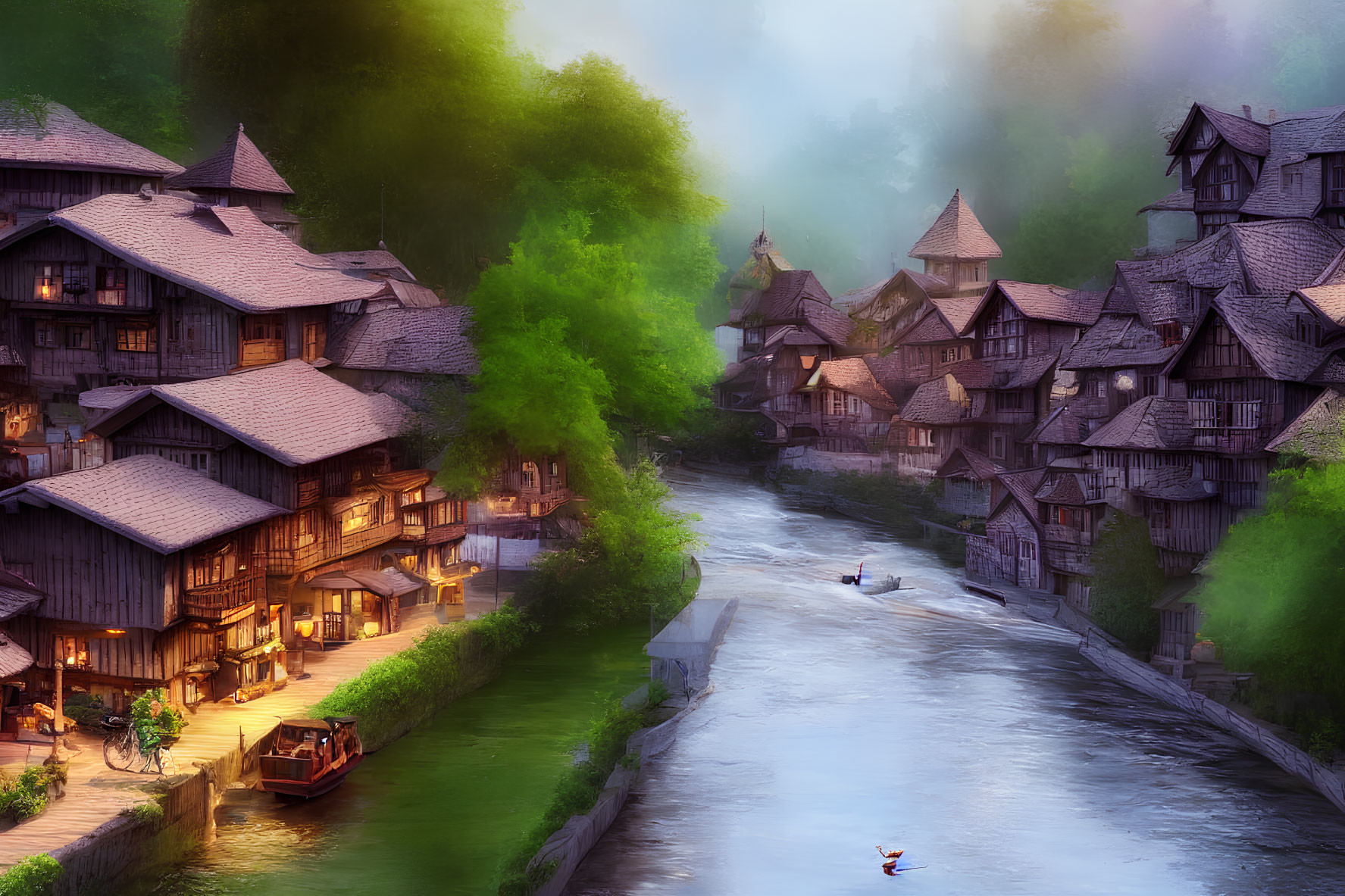 Traditional wooden houses in serene village by river with warm lights, lush greenery, and boat.