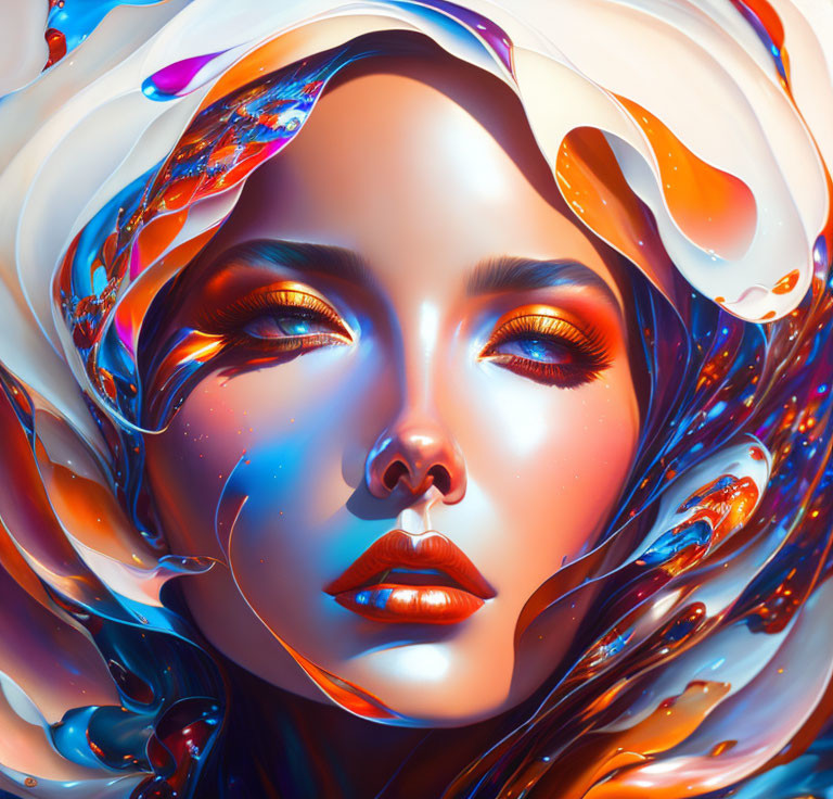 Colorful digital artwork: Woman's face with swirling, glossy, multi-colored textures