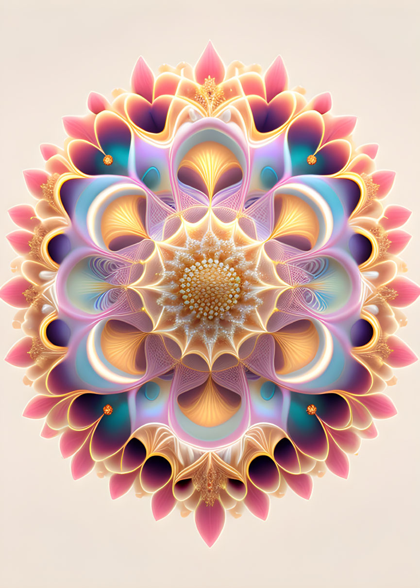 Symmetrical fractal design with lotus-like patterns in pastel colors