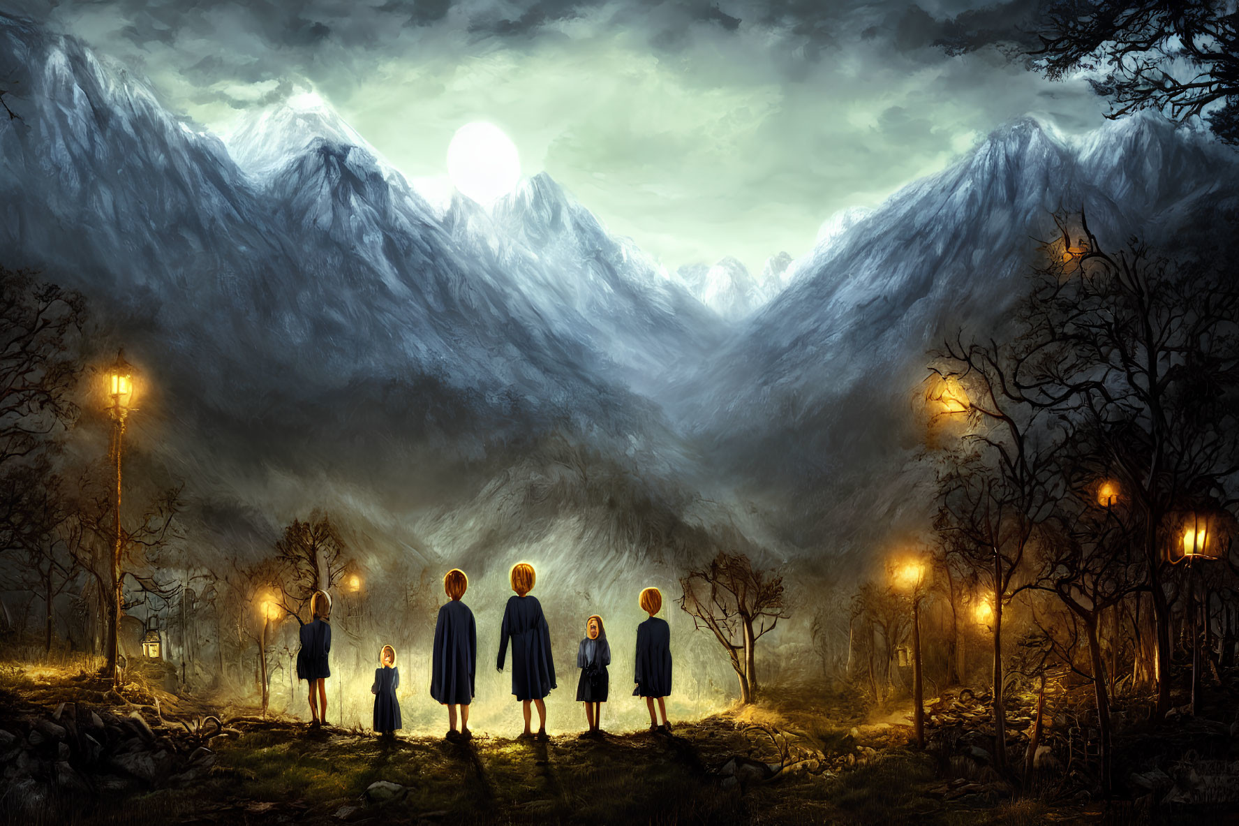 Children under full moon in mystical mountain landscape.