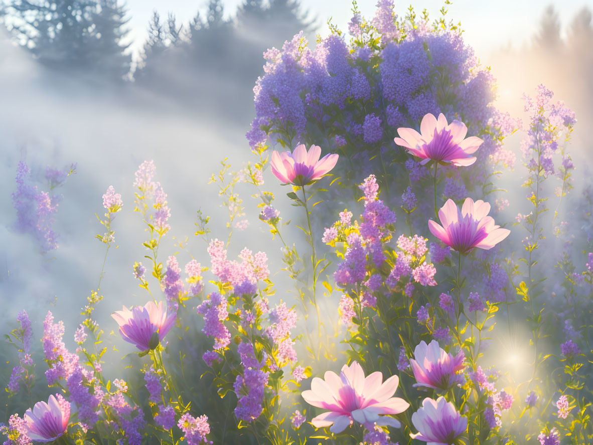 Tranquil sunrise meadow with purple flowers and misty ambiance