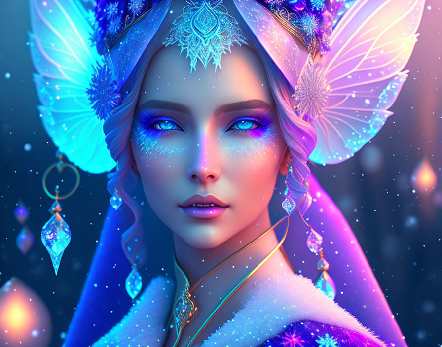 Woman with Blue Butterfly Wings and Crystal Adornments in Mystical Setting