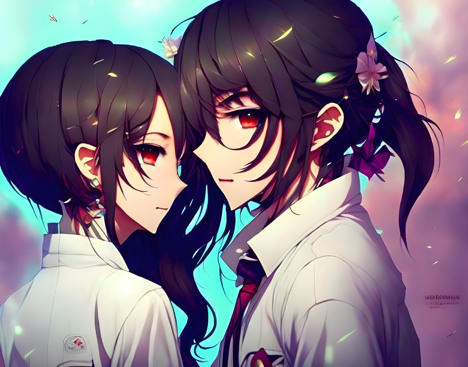 Anime-style girls in white school uniforms with dark hair and red eyes against a pink backdrop.