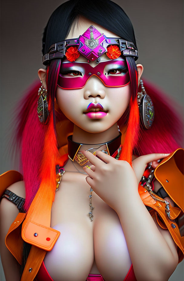 Vibrant red hair woman with pink makeup and bold accessories